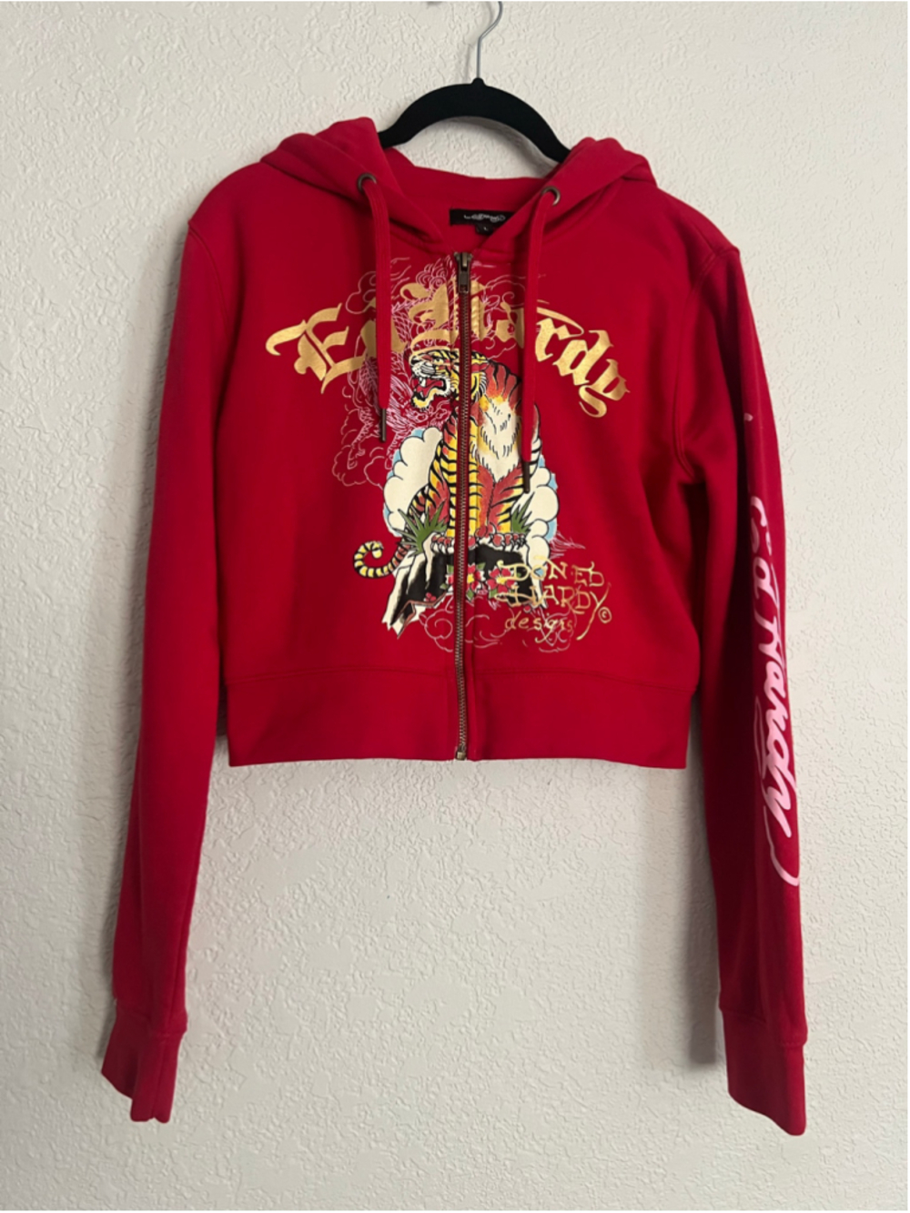 Women's Ed Hardy Tiger Mountain Graphic Zip-Up Hoodie Red Size L